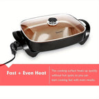 Electric Skillet 8 Quart Non-Stick Copper Coating 16"x12" Deep Dish with Tempered Glass Vented Lid & Adjustable Thermostat – Jumbo Electric Frying Pan for Family Cooking