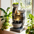 Indoor Tabletop Water Fountain with LED Lights & Crystal Ball – Tiered Bowls Cascading Water Feature with Flower Pot for Home Office Meditation Relaxation, Dark Gray, 7.9"L x 6.7"W x 15.8"H