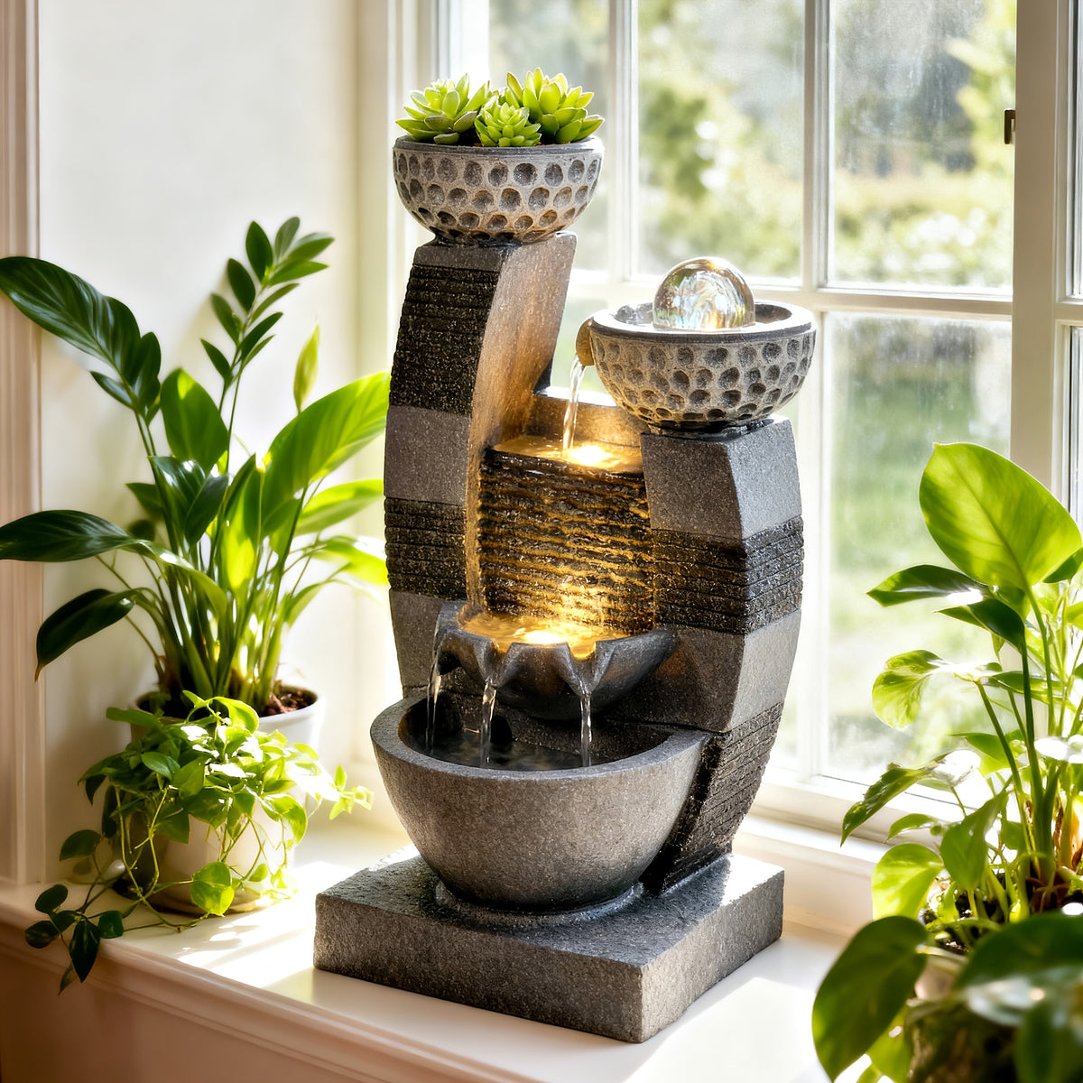 Indoor Tabletop Water Fountain with LED Lights & Crystal Ball – Tiered Bowls Cascading Water Feature with Flower Pot for Home Office Meditation Relaxation, Dark Gray, 7.9"L x 6.7"W x 15.8"H