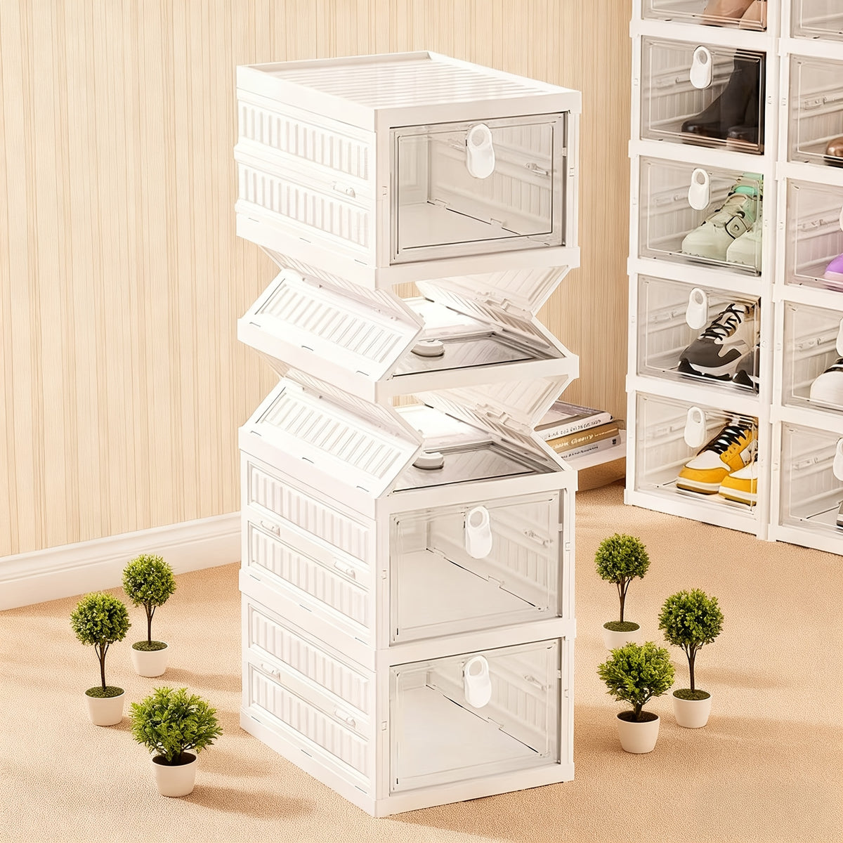 Stackable Shoe Box Organizer with Flip Transparent Door 3 5 or 6 Layer Foldable Space-Saving Shoe Cabinet for Entryway Hallway Bedroom Living Room