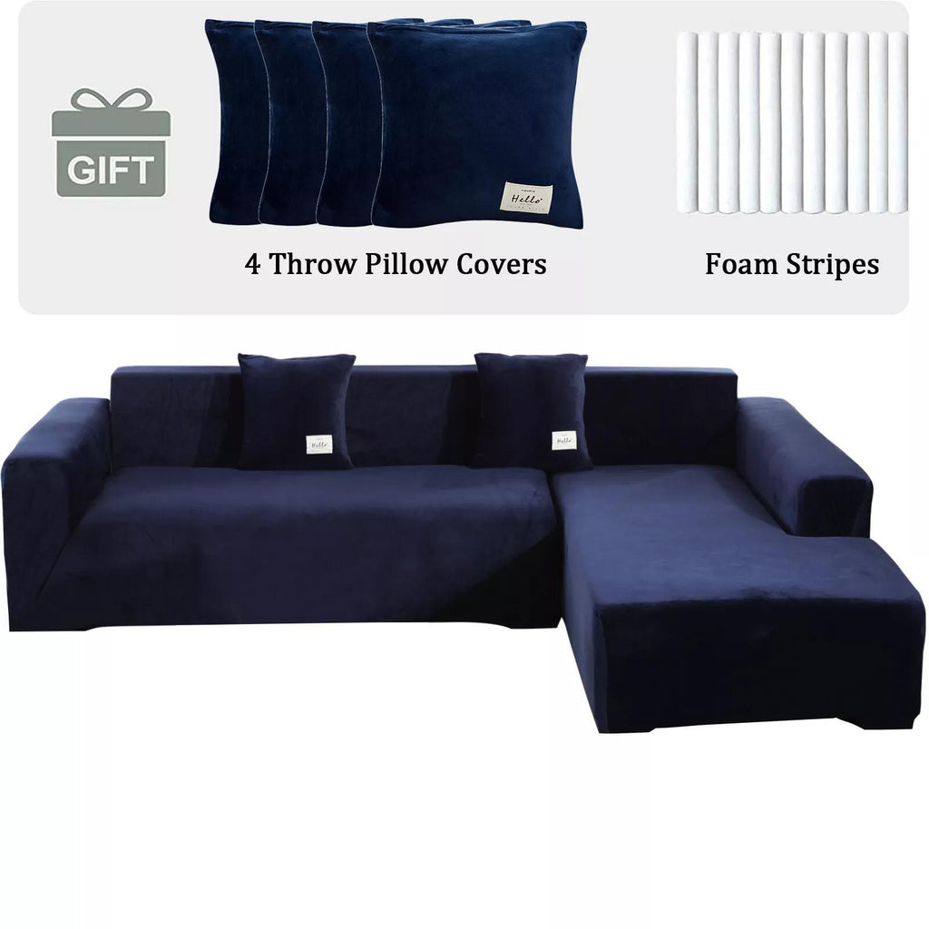 L-Shape Sectional Sofa Cover 2-Piece – Stretch Velvet Slipcover for 3+4 Seater Corner Couch, Foam Bar Secure Fit, Easy Clean, 7 Colors