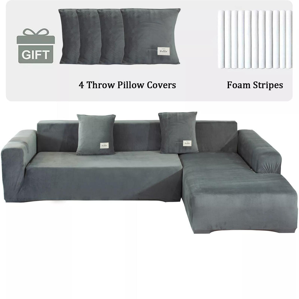 L-Shape Sectional Sofa Cover 2-Piece – Stretch Velvet Slipcover for 3+4 Seater Corner Couch, Foam Bar Secure Fit, Easy Clean, 7 Colors