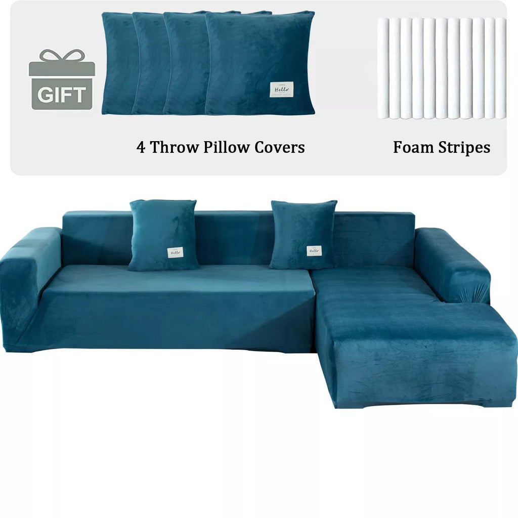 L-Shape Sectional Sofa Cover 2-Piece – Stretch Velvet Slipcover for 3+4 Seater Corner Couch, Foam Bar Secure Fit, Easy Clean, 7 Colors