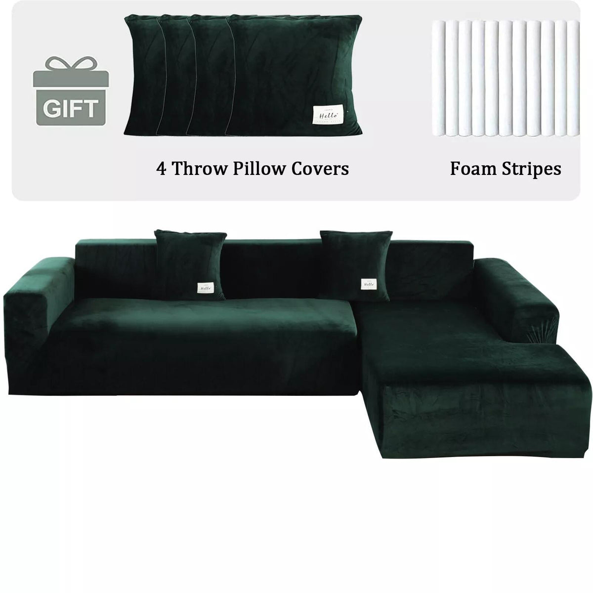 L-Shape Sectional Sofa Cover 2-Piece – Stretch Velvet Slipcover for 3+4 Seater Corner Couch, Foam Bar Secure Fit, Easy Clean, 7 Colors