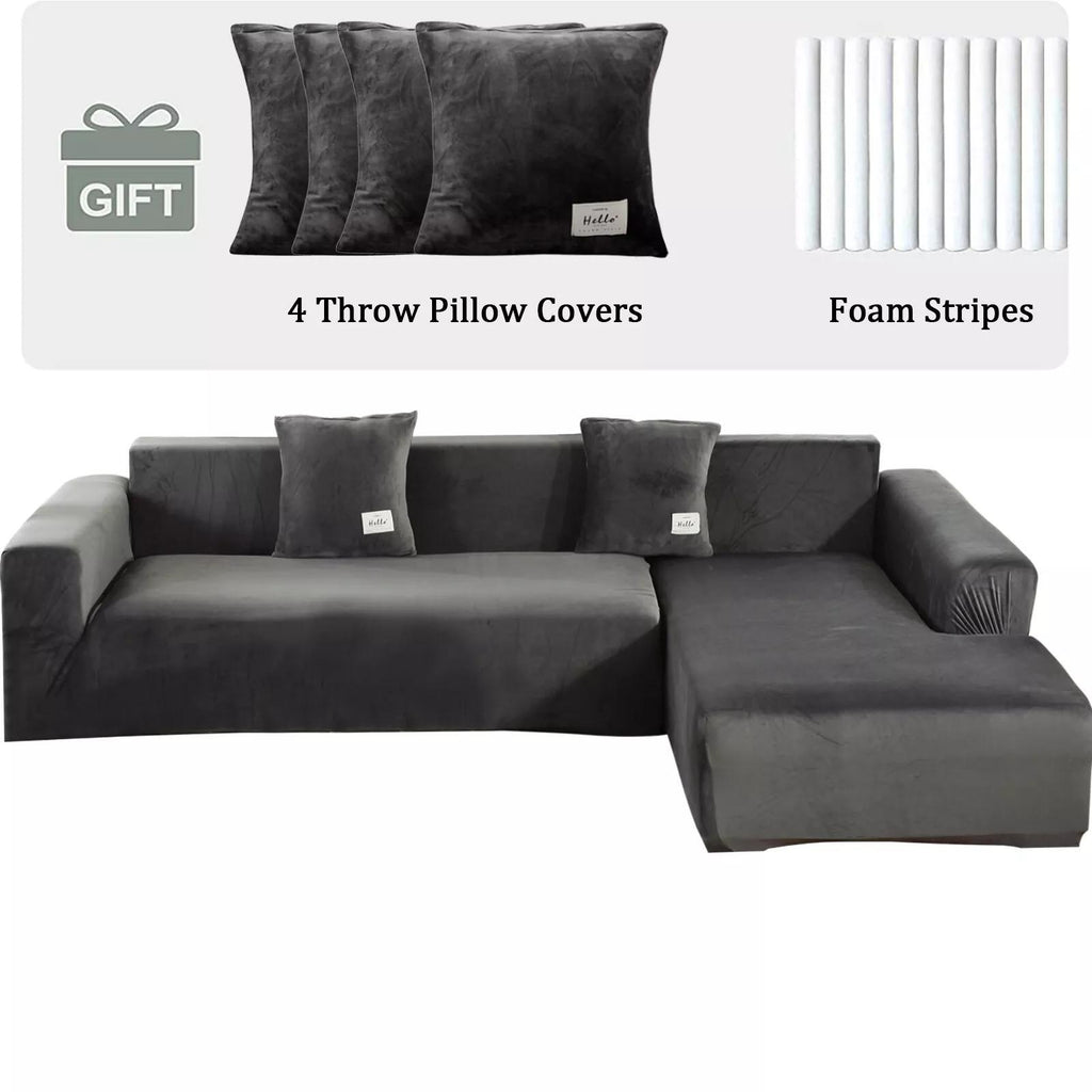 L-Shape Sectional Sofa Cover 2-Piece – Stretch Velvet Slipcover for 3+4 Seater Corner Couch, Foam Bar Secure Fit, Easy Clean, 7 Colors