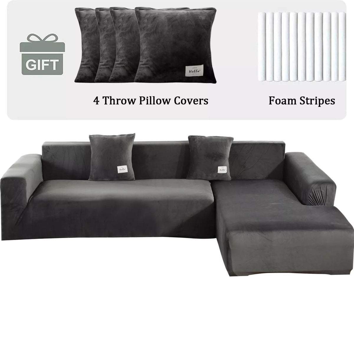 L-Shape Sectional Sofa Cover 2-Piece – Stretch Velvet Slipcover for 3+4 Seater Corner Couch, Foam Bar Secure Fit, Easy Clean, 7 Colors