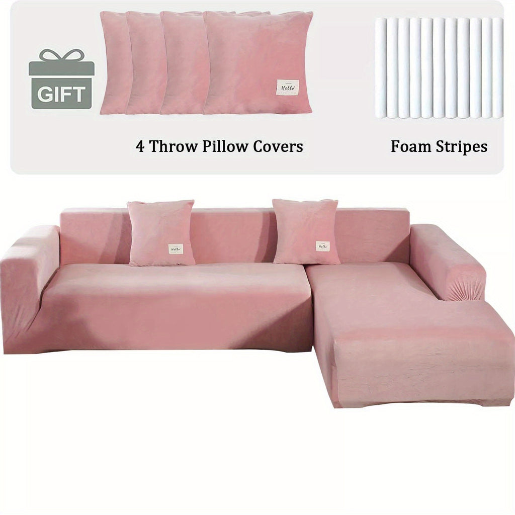 L-Shape Sectional Sofa Cover 2-Piece – Stretch Velvet Slipcover for 3+4 Seater Corner Couch, Foam Bar Secure Fit, Easy Clean, 7 Colors