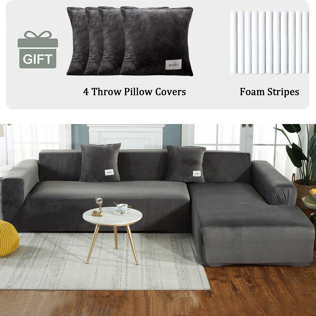 L-Shape Sectional Sofa Cover 2-Piece – Stretch Velvet Slipcover for 3+4 Seater Corner Couch, Foam Bar Secure Fit, Easy Clean, 7 Colors