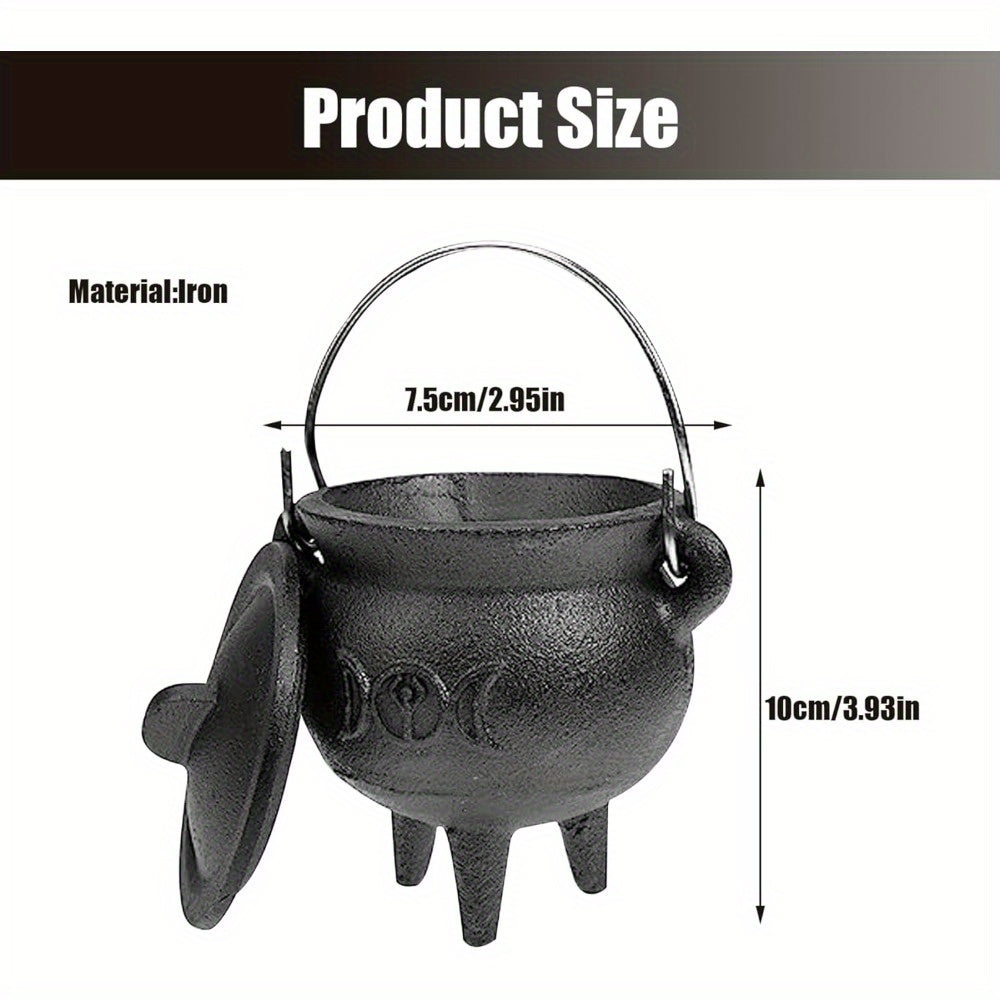 Cast Iron Cauldron with Lid & Carry Handle – Pentagram & Triple Moon Witchcraft Cauldron for Incense Burning, Candles, Spells, Halloween Decoration & Ritual Supplies