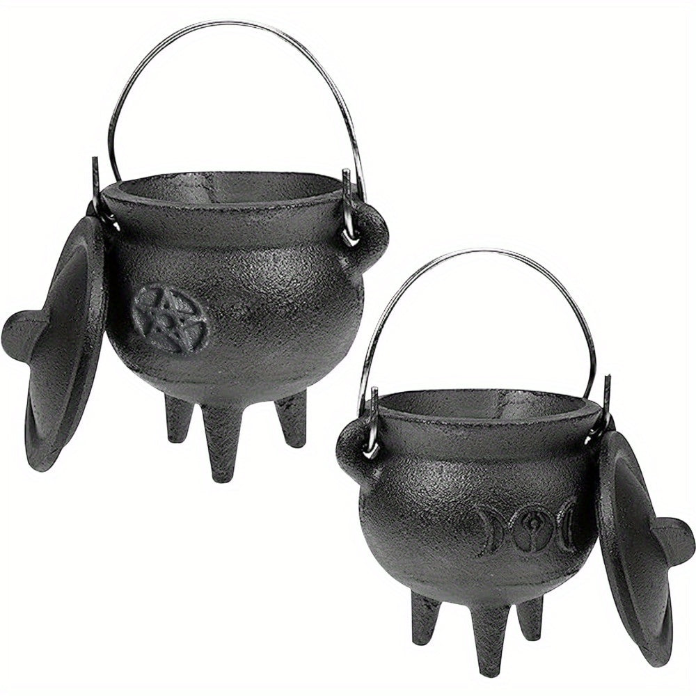 Cast Iron Cauldron with Lid & Carry Handle – Pentagram & Triple Moon Witchcraft Cauldron for Incense Burning, Candles, Spells, Halloween Decoration & Ritual Supplies