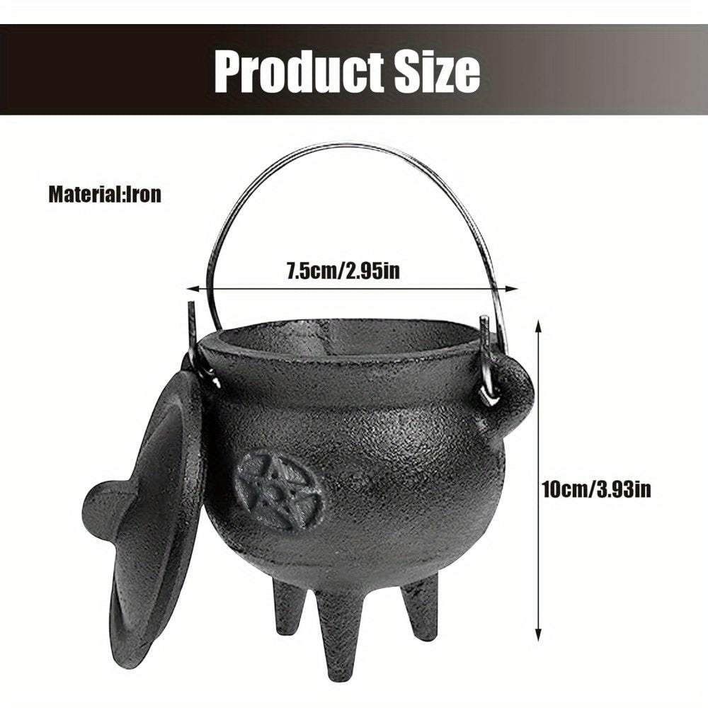 Cast Iron Cauldron with Lid & Carry Handle – Pentagram & Triple Moon Witchcraft Cauldron for Incense Burning, Candles, Spells, Halloween Decoration & Ritual Supplies
