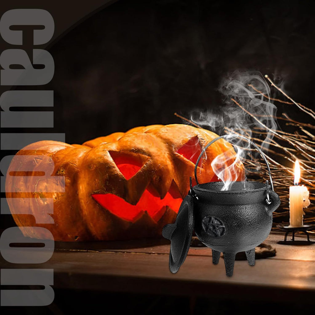 Cast Iron Cauldron with Lid & Carry Handle – Pentagram & Triple Moon Witchcraft Cauldron for Incense Burning, Candles, Spells, Halloween Decoration & Ritual Supplies