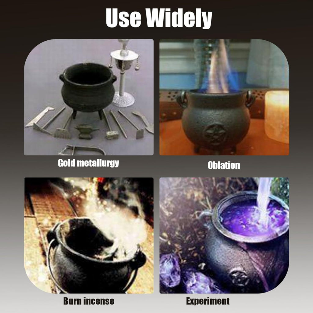 Cast Iron Cauldron with Lid & Carry Handle – Pentagram & Triple Moon Witchcraft Cauldron for Incense Burning, Candles, Spells, Halloween Decoration & Ritual Supplies