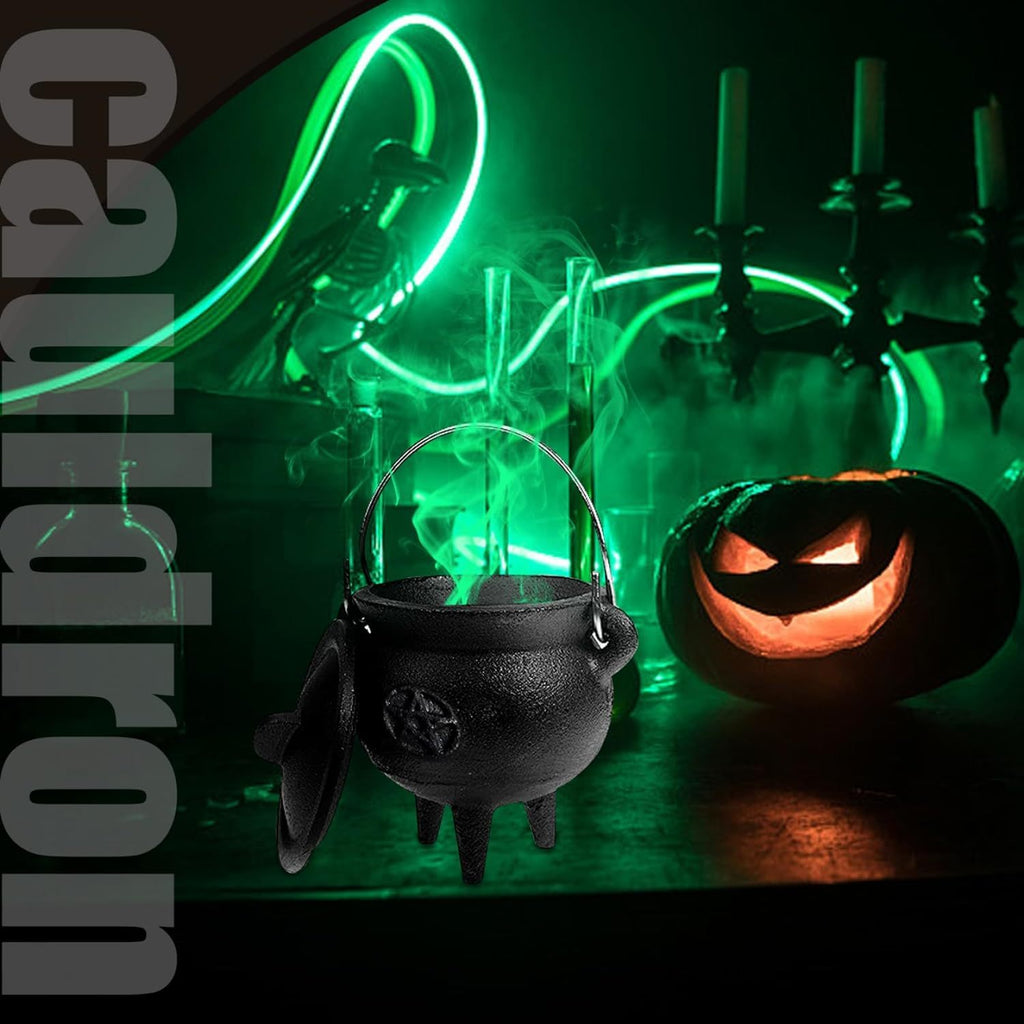 Cast Iron Cauldron with Lid & Carry Handle – Pentagram & Triple Moon Witchcraft Cauldron for Incense Burning, Candles, Spells, Halloween Decoration & Ritual Supplies