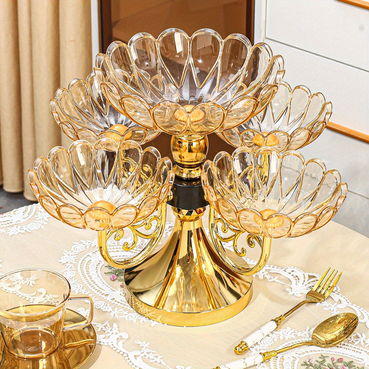5-Tier Rotating Crystal Fruit Plate Set Luxury Round Snack Candy Bowl for Living Room Coffee Table – Elegant European Serveware Home Decor