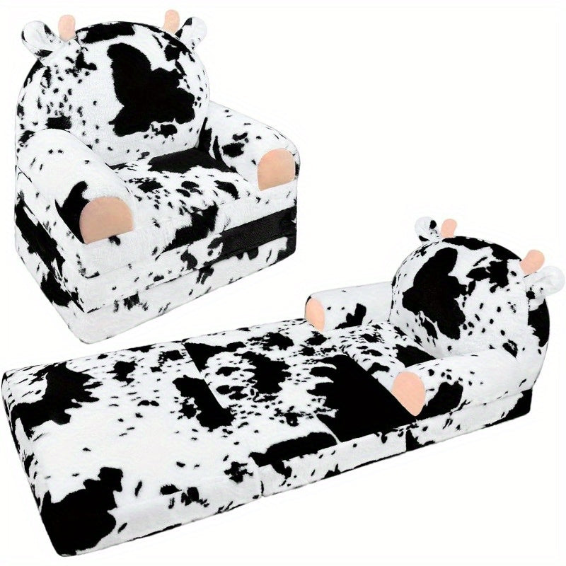 Flip-Open Kids Sofa Chair 2-in-1 with Removable Washable Cover – Soft Plush Animal Pattern Children's Lounger for Reading Nook, Playroom & Bedroom, Lightweight Comfy Seat for Boys & Girls, Koala, Cow Cat & Milk Cow