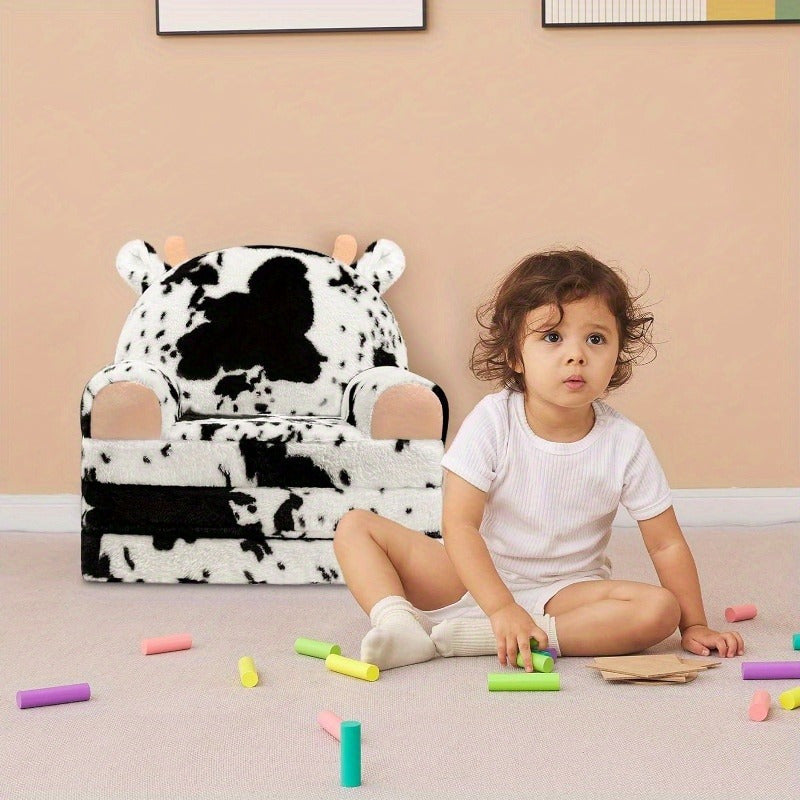 Flip-Open Kids Sofa Chair 2-in-1 with Removable Washable Cover – Soft Plush Animal Pattern Children's Lounger for Reading Nook, Playroom & Bedroom, Lightweight Comfy Seat for Boys & Girls, Koala, Cow Cat & Milk Cow