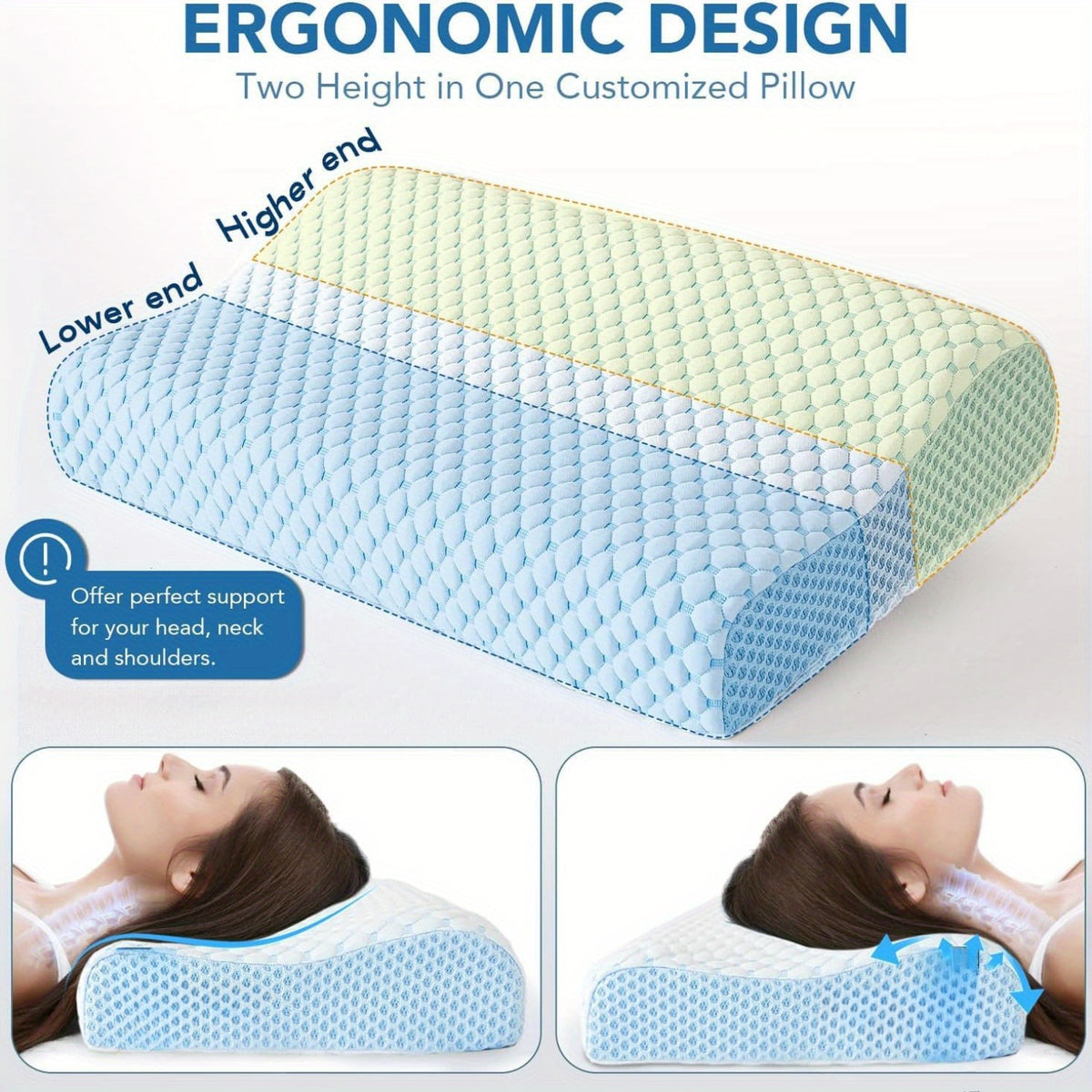 Ergonomic Cervical Pillow – Orthopedic Neck & Shoulder Support with Removable Machine-Washable Cover, Contour Memory Foam for Side & Stomach Sleepers, Blue & White