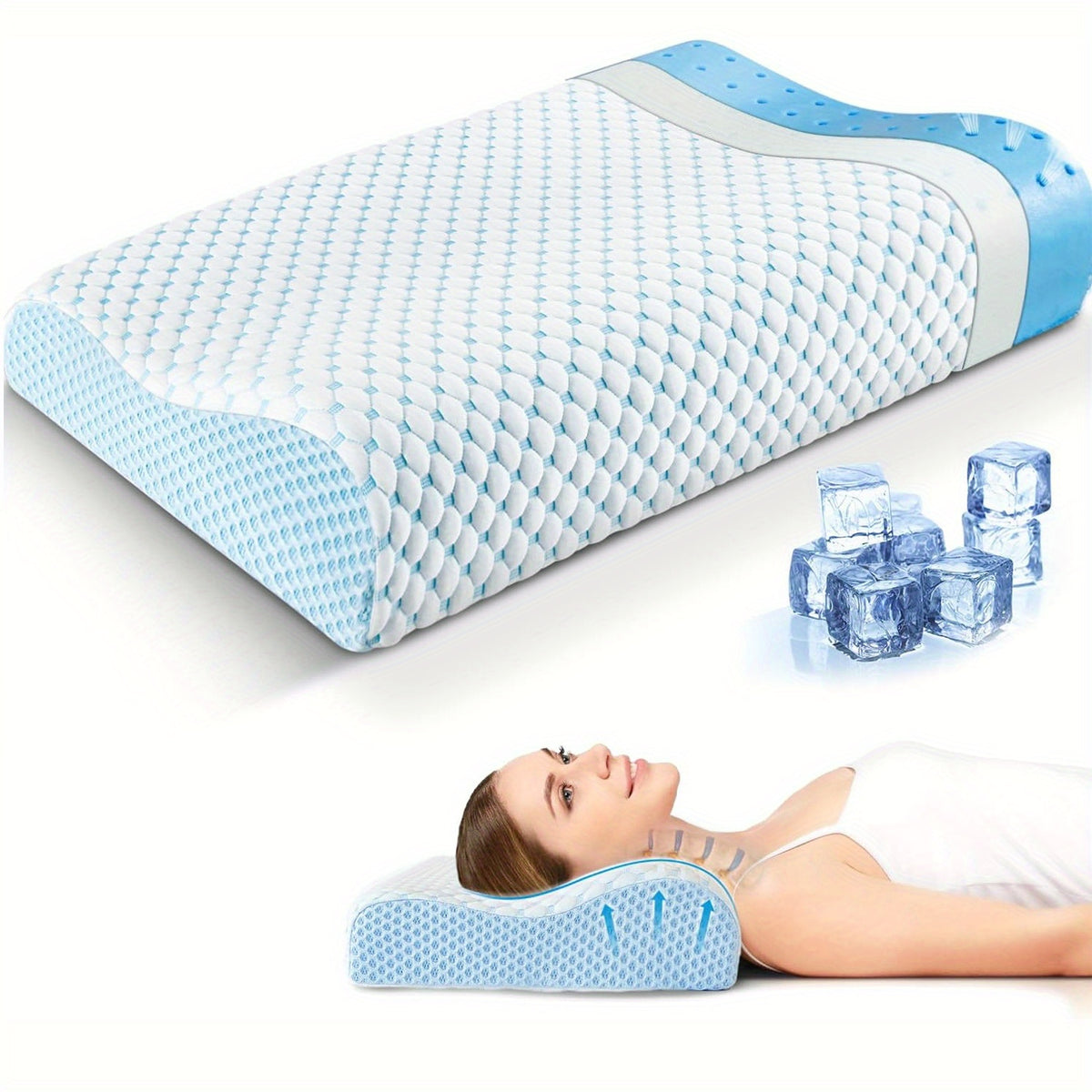 Ergonomic Cervical Pillow – Orthopedic Neck & Shoulder Support with Removable Machine-Washable Cover, Contour Memory Foam for Side & Stomach Sleepers, Blue & White