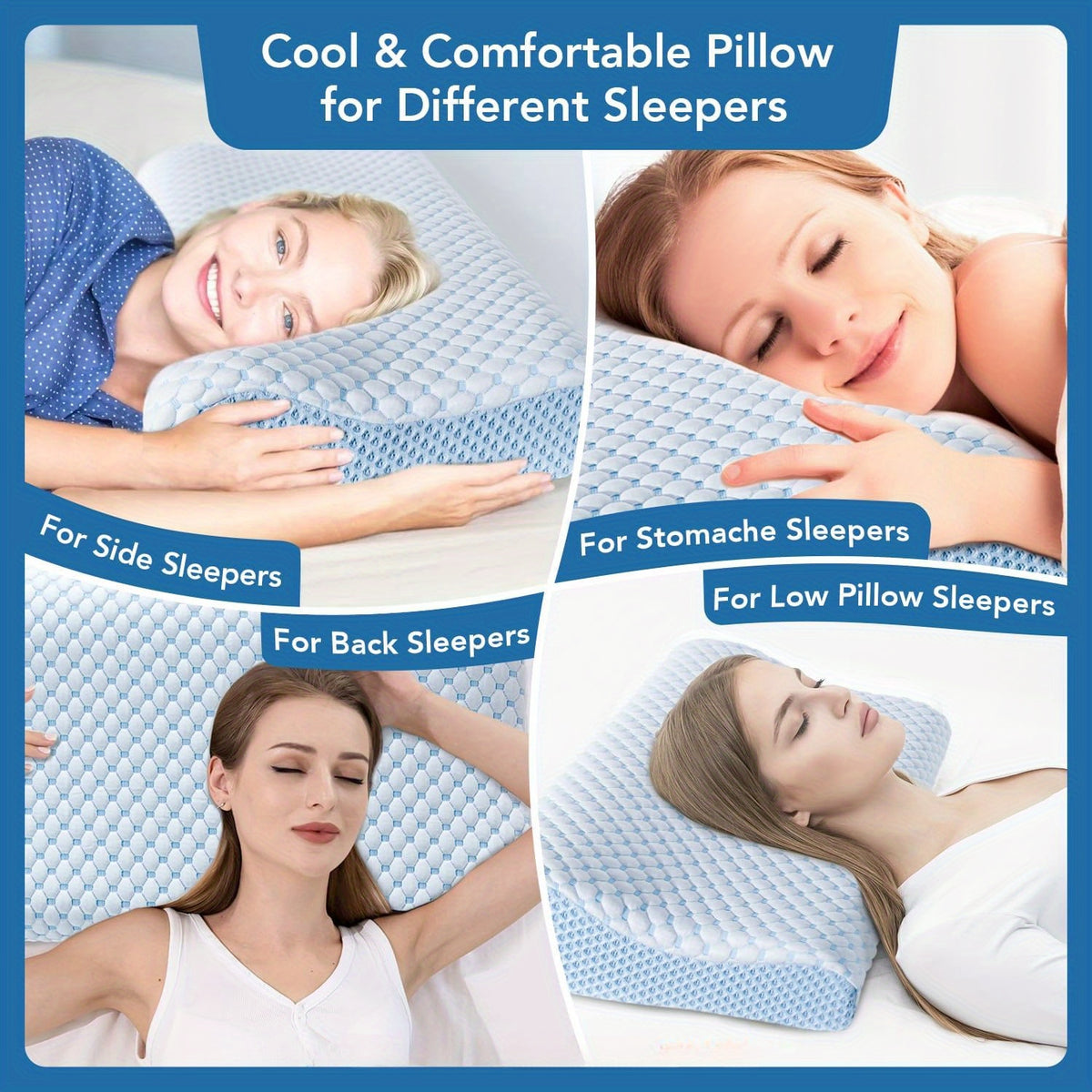 Ergonomic Cervical Pillow – Orthopedic Neck & Shoulder Support with Removable Machine-Washable Cover, Contour Memory Foam for Side & Stomach Sleepers, Blue & White