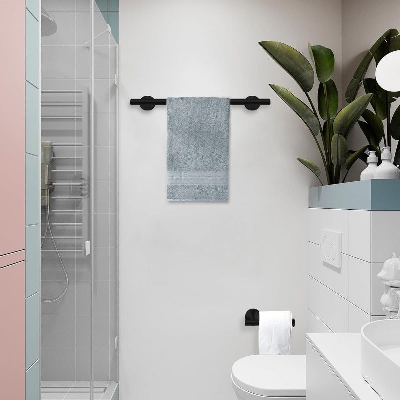 Matte Black Bathroom Hardware Set 7 Piece 304 Stainless Steel – 16" Towel Bar, Paper Holder, Towel Ring & 4 Robe Hooks Wall Mounted