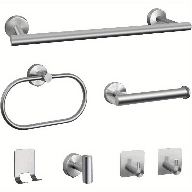 Matte Black Bathroom Hardware Set 7 Piece 304 Stainless Steel – 16" Towel Bar, Paper Holder, Towel Ring & 4 Robe Hooks Wall Mounted