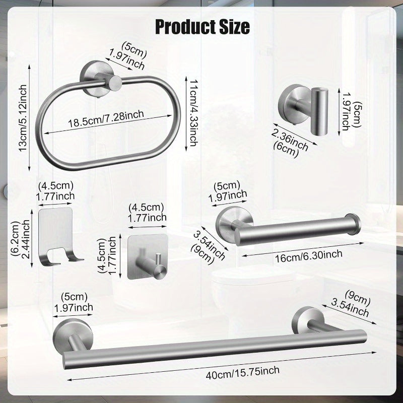 Matte Black Bathroom Hardware Set 7 Piece 304 Stainless Steel – 16" Towel Bar, Paper Holder, Towel Ring & 4 Robe Hooks Wall Mounted
