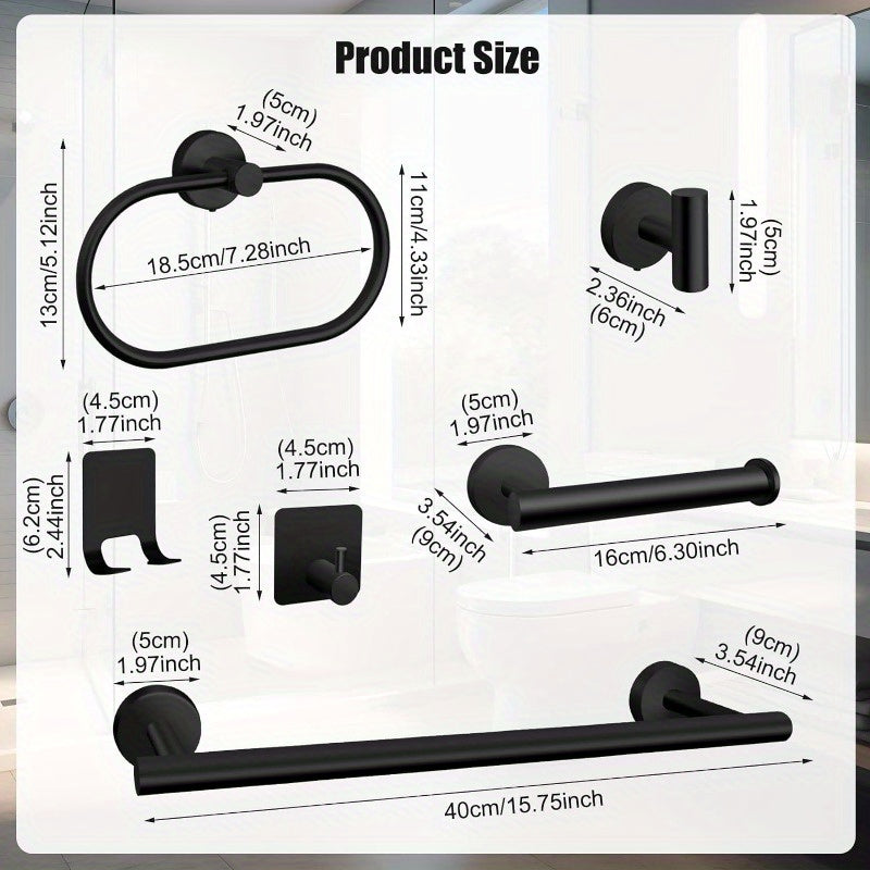 Matte Black Bathroom Hardware Set 7 Piece 304 Stainless Steel – 16" Towel Bar, Paper Holder, Towel Ring & 4 Robe Hooks Wall Mounted