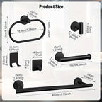Matte Black Bathroom Hardware Set 7 Piece 304 Stainless Steel – 16" Towel Bar, Paper Holder, Towel Ring & 4 Robe Hooks Wall Mounted