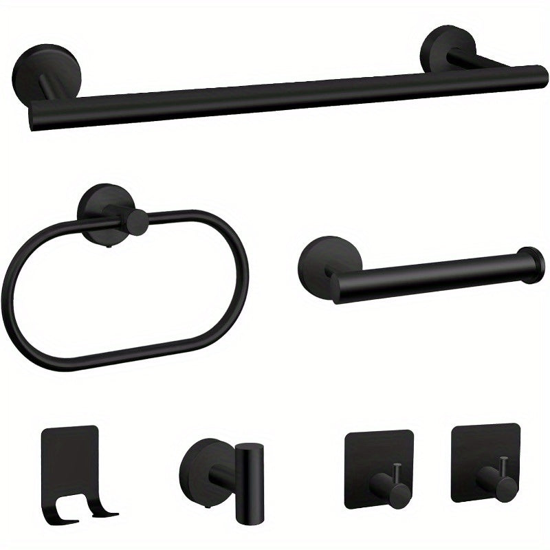 Matte Black Bathroom Hardware Set 7 Piece 304 Stainless Steel – 16" Towel Bar, Paper Holder, Towel Ring & 4 Robe Hooks Wall Mounted
