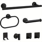 Matte Black Bathroom Hardware Set 7 Piece 304 Stainless Steel – 16" Towel Bar, Paper Holder, Towel Ring & 4 Robe Hooks Wall Mounted