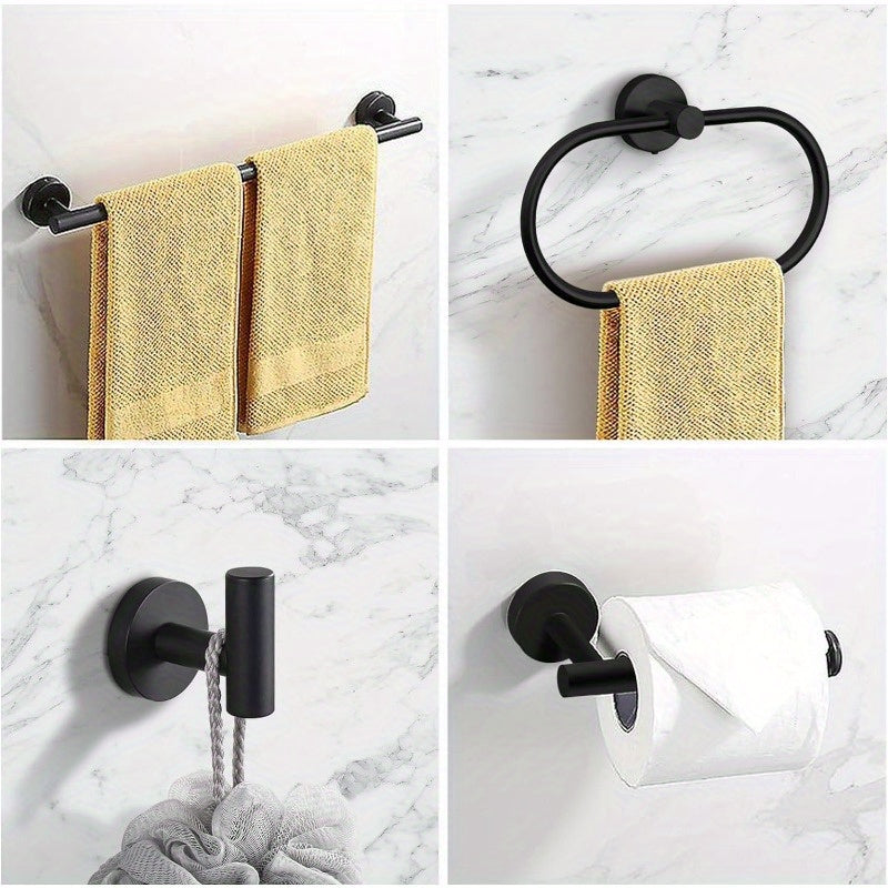 Matte Black Bathroom Hardware Set 7 Piece 304 Stainless Steel – 16" Towel Bar, Paper Holder, Towel Ring & 4 Robe Hooks Wall Mounted