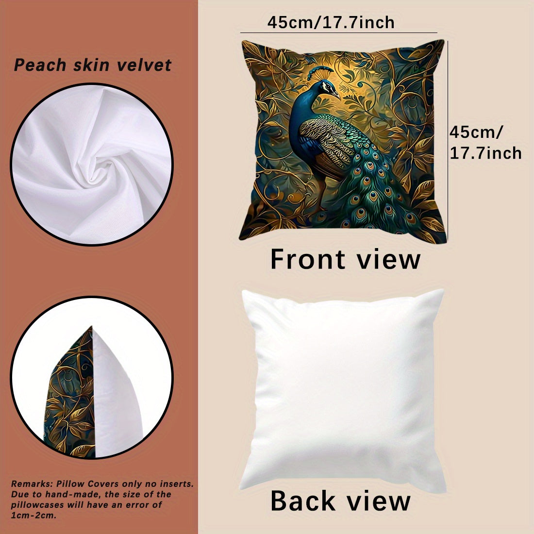 Boho Peacock Throw Pillow Covers 4-Pack – Vintage Oil Painting Print Plush Cushion Covers, 18x18 Inch, Zippered, Machine Washable, Living Room Bedroom Decor