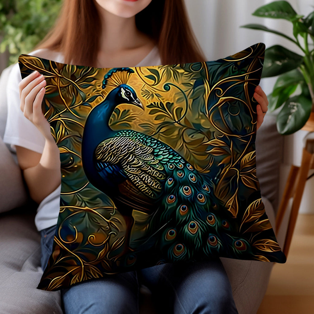 Boho Peacock Throw Pillow Covers 4-Pack – Vintage Oil Painting Print Plush Cushion Covers, 18x18 Inch, Zippered, Machine Washable, Living Room Bedroom Decor