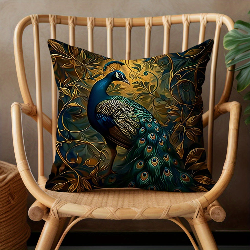 Boho Peacock Throw Pillow Covers 4-Pack – Vintage Oil Painting Print Plush Cushion Covers, 18x18 Inch, Zippered, Machine Washable, Living Room Bedroom Decor