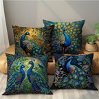 Boho Peacock Throw Pillow Covers 4-Pack – Vintage Oil Painting Print Plush Cushion Covers, 18x18 Inch, Zippered, Machine Washable, Living Room Bedroom Decor