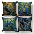 Boho Peacock Throw Pillow Covers 4-Pack – Vintage Oil Painting Print Plush Cushion Covers, 18x18 Inch, Zippered, Machine Washable, Living Room Bedroom Decor