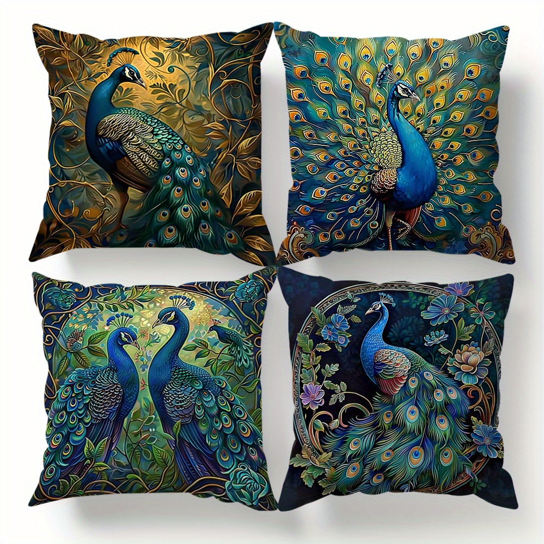 Boho Peacock Throw Pillow Covers 4-Pack – Vintage Oil Painting Print Plush Cushion Covers, 18x18 Inch, Zippered, Machine Washable, Living Room Bedroom Decor