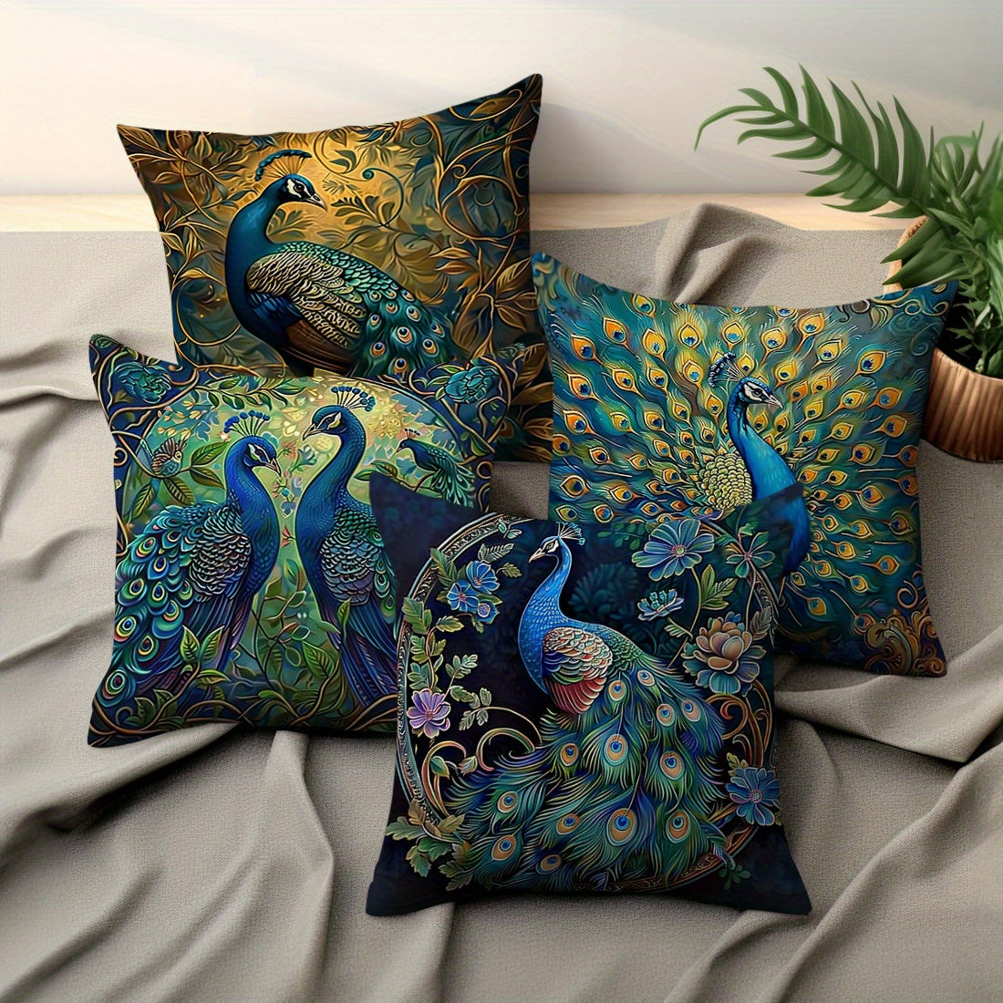 Boho Peacock Throw Pillow Covers 4-Pack – Vintage Oil Painting Print Plush Cushion Covers, 18x18 Inch, Zippered, Machine Washable, Living Room Bedroom Decor
