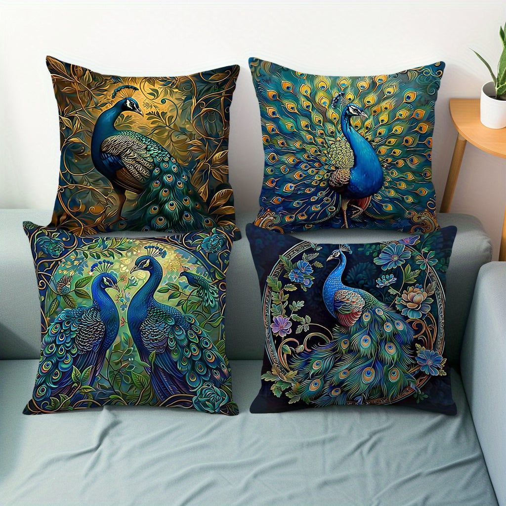 Boho Peacock Throw Pillow Covers 4-Pack – Vintage Oil Painting Print Plush Cushion Covers, 18x18 Inch, Zippered, Machine Washable, Living Room Bedroom Decor