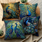 Boho Peacock Throw Pillow Covers 4-Pack – Vintage Oil Painting Print Plush Cushion Covers, 18x18 Inch, Zippered, Machine Washable, Living Room Bedroom Decor