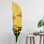 Acrylic Feather Mirror Wall Stickers Silver Self-Adhesive 47x12 Inch Decorative Mirror Wall Decal Art for Living Room Bedroom Home Wall Decoration
