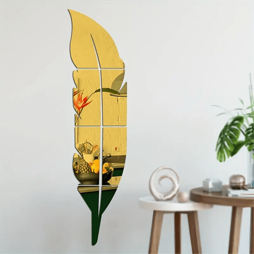 Acrylic Feather Mirror Wall Stickers Silver Self-Adhesive 47x12 Inch Decorative Mirror Wall Decal Art for Living Room Bedroom Home Wall Decoration