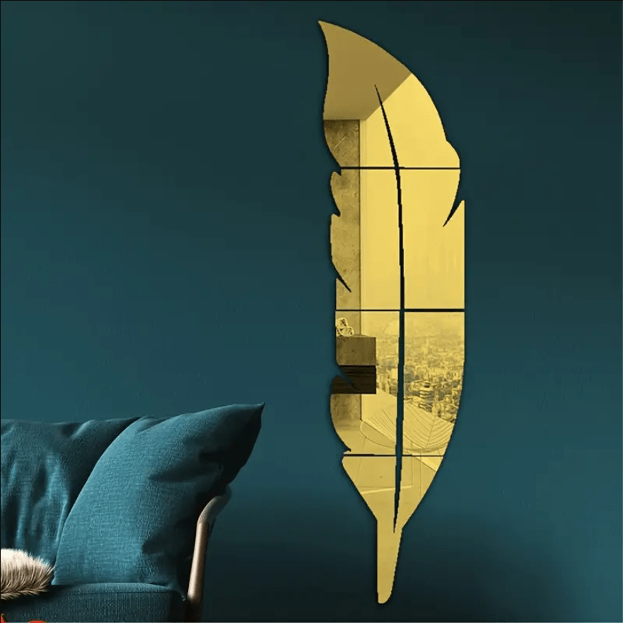 Acrylic Feather Mirror Wall Stickers Silver Self-Adhesive 47x12 Inch Decorative Mirror Wall Decal Art for Living Room Bedroom Home Wall Decoration