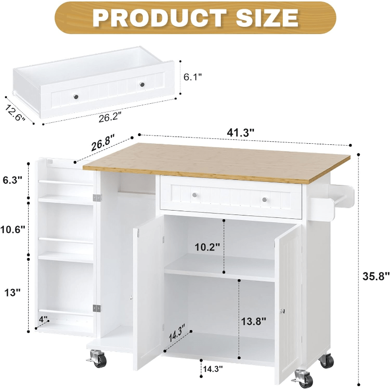 Kitchen Island Cart with Drop Leaf & Rolling Wheels – Storage Cabinet, Spice Rack, Drawer & Towel Rack for Small Kitchens Dining Room