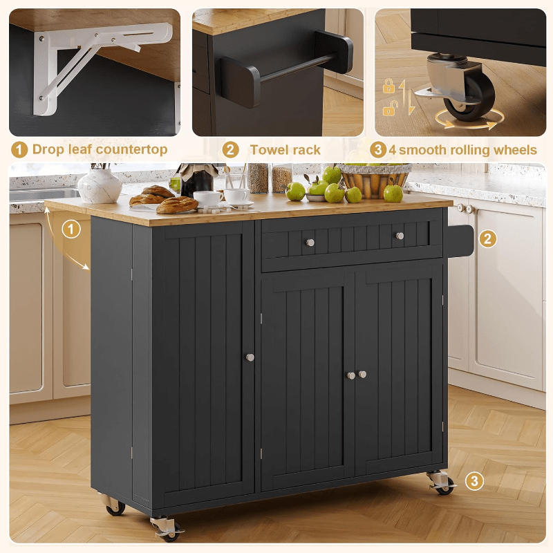 Kitchen Island Cart with Drop Leaf & Rolling Wheels – Storage Cabinet, Spice Rack, Drawer & Towel Rack for Small Kitchens Dining Room