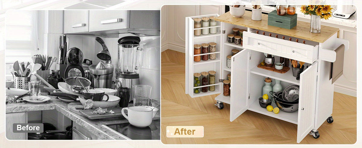 Kitchen Island Cart with Drop Leaf & Rolling Wheels – Storage Cabinet, Spice Rack, Drawer & Towel Rack for Small Kitchens Dining Room