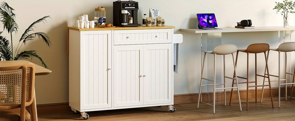 Kitchen Island Cart with Drop Leaf & Rolling Wheels – Storage Cabinet, Spice Rack, Drawer & Towel Rack for Small Kitchens Dining Room
