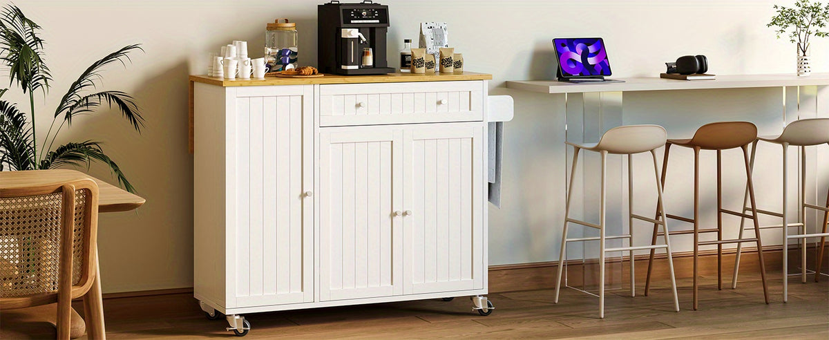 Kitchen Island Cart with Drop Leaf & Rolling Wheels – Storage Cabinet, Spice Rack, Drawer & Towel Rack for Small Kitchens Dining Room