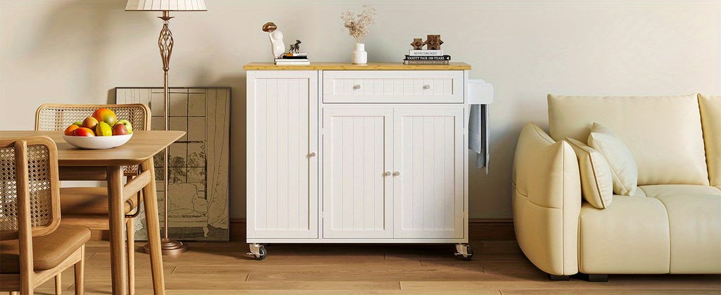 Kitchen Island Cart with Drop Leaf & Rolling Wheels – Storage Cabinet, Spice Rack, Drawer & Towel Rack for Small Kitchens Dining Room